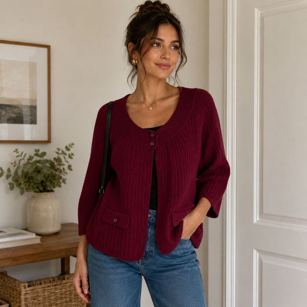 Croft & Barrow Burgundy Cardigan Sweater Shawl Collar Pockets Size L
